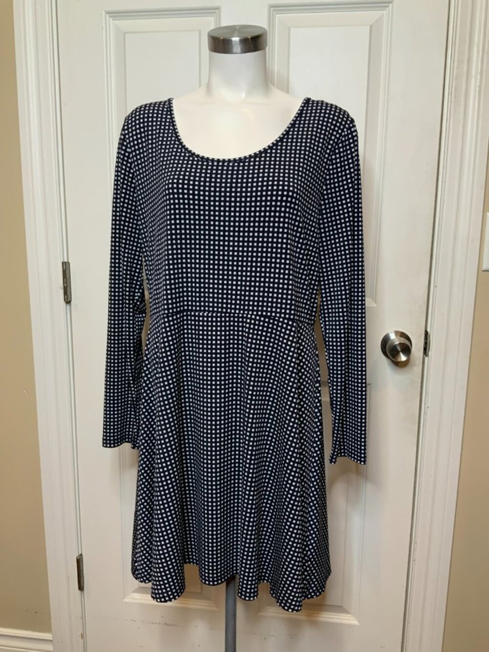 Michael Kors Navy Blue & White Check Fit & Flare Dress, Size XL
